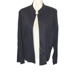 EILEEN FISHER Women's XL Italian Linen Button Blazer Black Mandarin Collar Moto